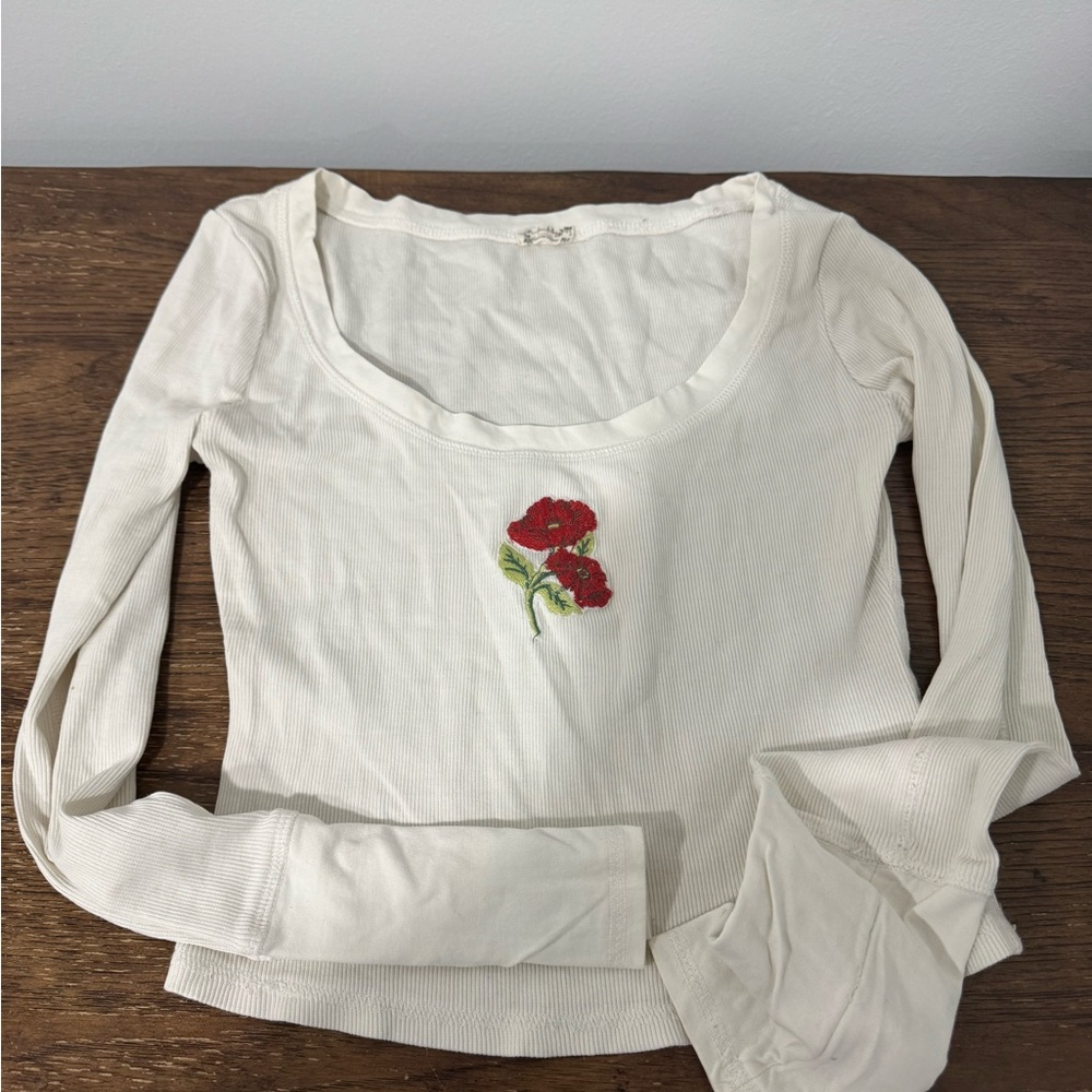 Free People Ivory Long Sleeve with Red Floral Detail
